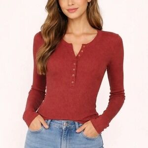 Free People Intimately Long Sleeve Waffle Knit Henley Rust Medium Boho Casual